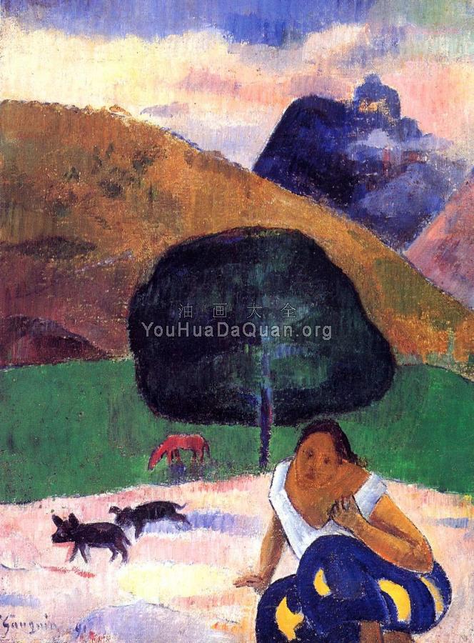 Landscape with Black Pigs and a Crouching Tahitian - 保罗·高更